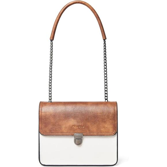 Two-Tone Crossbody Satchel – White & Brown Faux Leather w/ Chain Strap - Picture 5 of 5